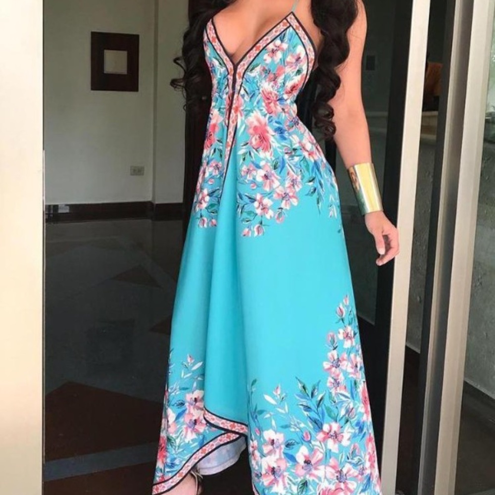 Floral Halter Maxi Dress in Blue and Pink, Size L - Picture 3 of 11